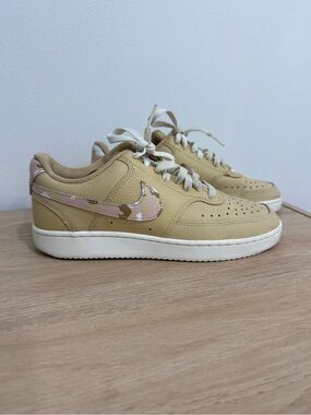 Nike Beige Sneakers with Pink Camo Swoosh
